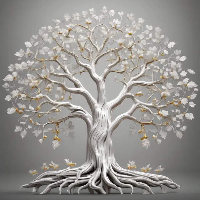 Platinum tree radiating strength and beauty with precious jewels and gold-like leaves