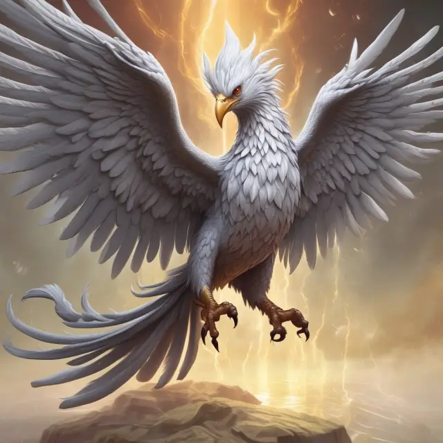 A mythical silver-haired Phoenix emerging from platinum nuggets, signifying platinum