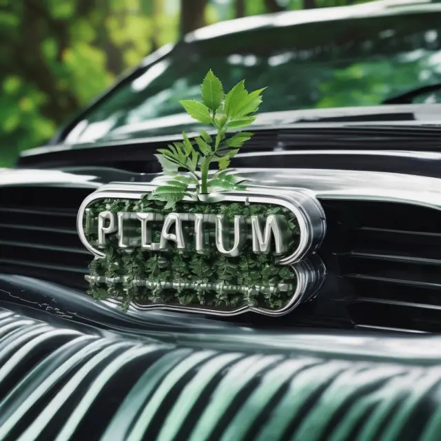 Platinum catalyst in automotive application improving emissions, trees signifying environmental benefits and recycled resources