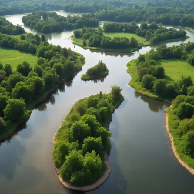 An image of a meandering river symbolizing platykurtic distributions flowing around peaceful islands signifying mesokurtic distributions, illustrating reduced investment risk.