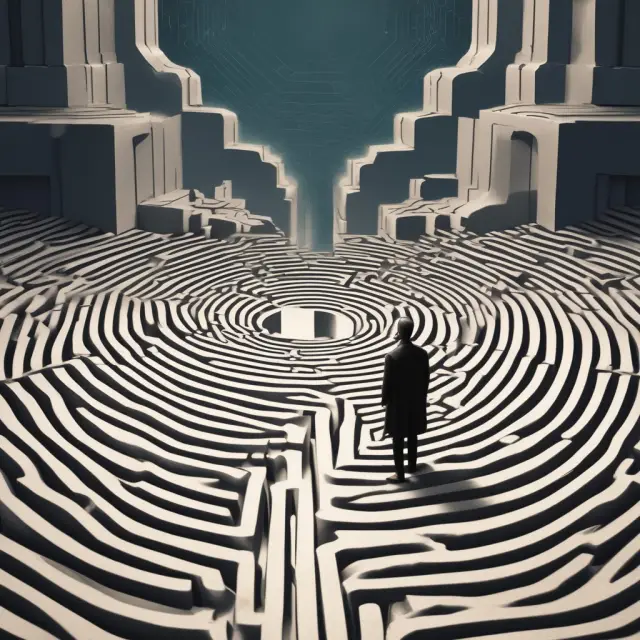 An investor balancing on a tightrope amidst mazes of platykurtic and leptokurtic distributions, deciding between paths based on risk tolerance levels.