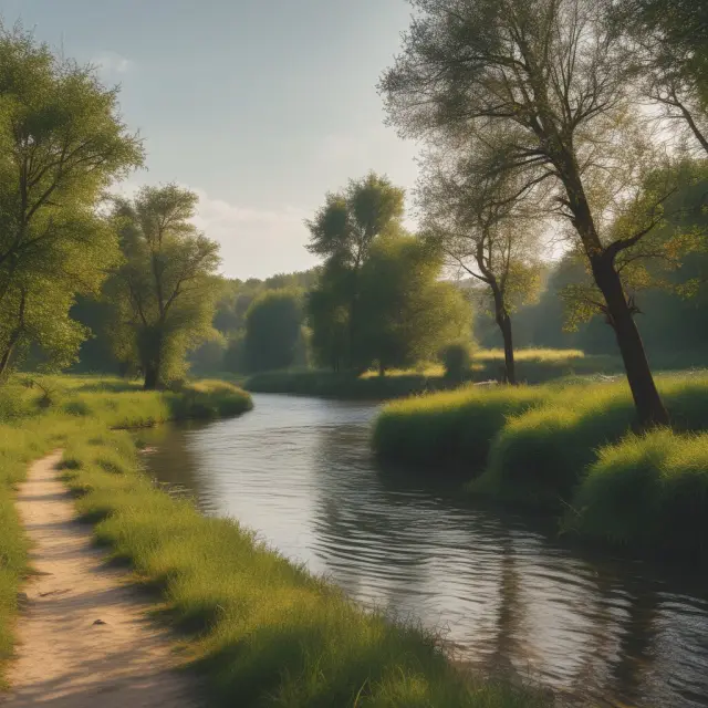 A peaceful riverbank illustrating platykurtic distributions - stable investments with fewer extreme events for risk-averse investors.