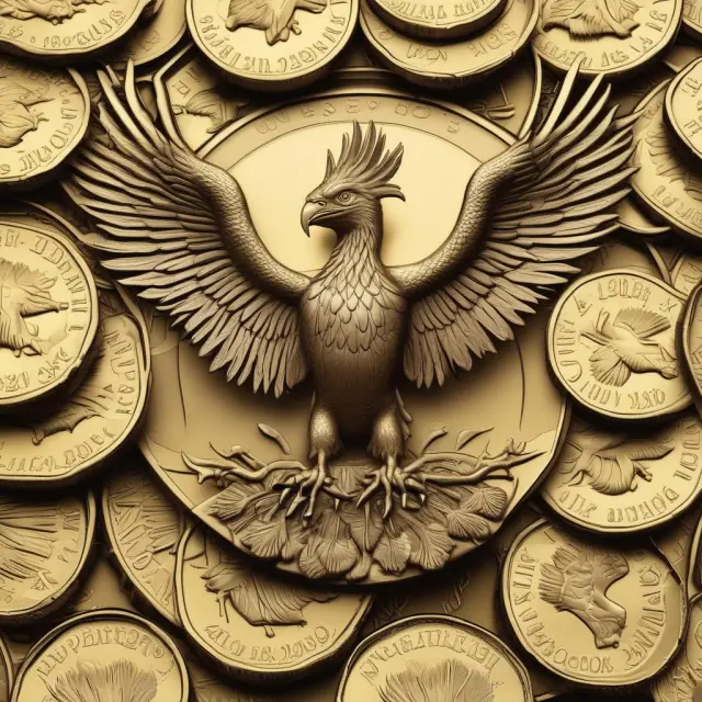 Golden phoenix rising amidst a mound of £50k coins, signifying UK Public Limited Company registration