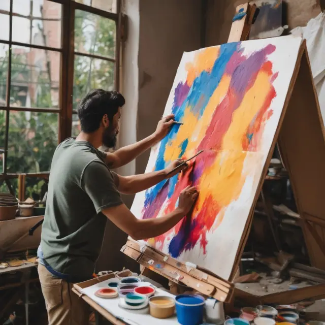 An artisan applying various paint shades on a canvas, symbolizing the diverse aspects of investing in U.K.-based Public Limited Companies.