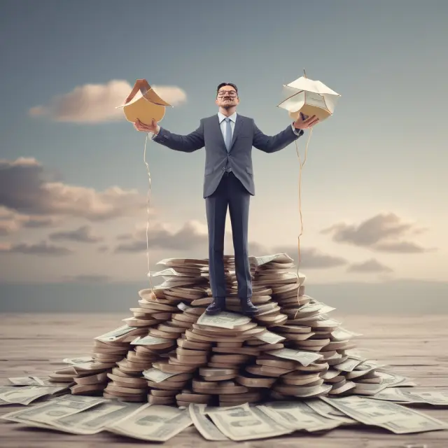 A well-dressed man carefully holds a mortgage document over a towering stack of stock certificates, indicating the strategy of using investments to secure mortgage financing.