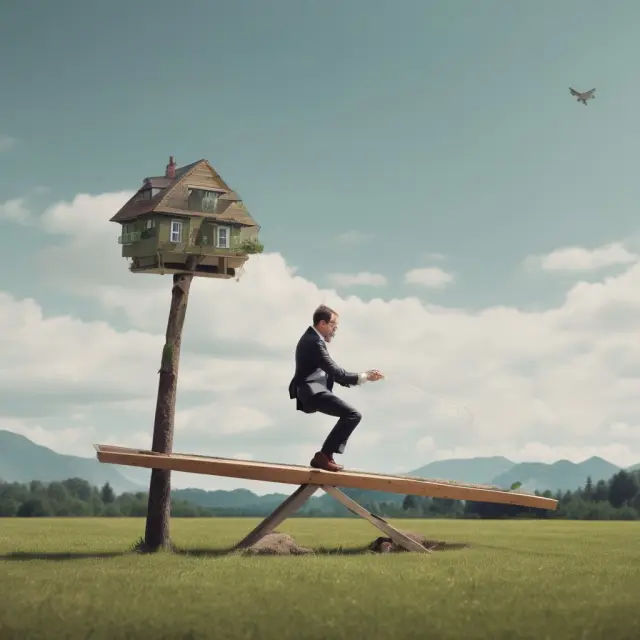 High net worth investor strategically balancing mortgage and investments on a see-saw, illustrating the use of pledged assets in loan transactions