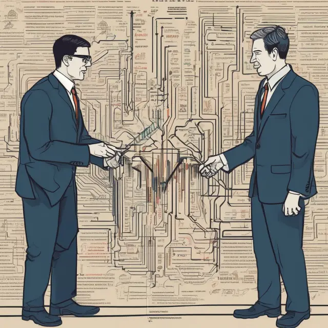 A dynamic, balanced tug of war scene illustrating investors