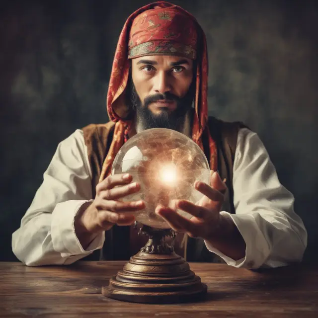 Fortune teller holding a crystal ball showing various retention ratios representing different companies