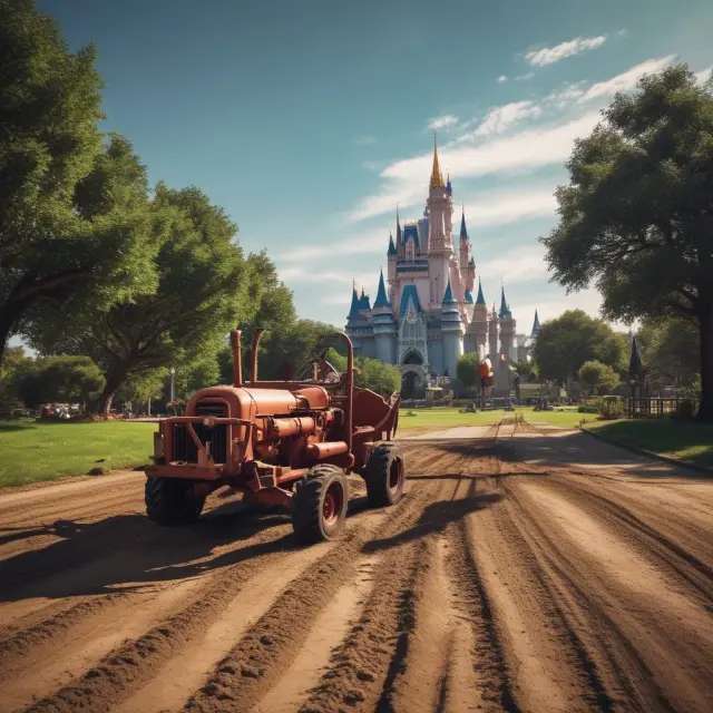 An image of a plow turning towards a growing Disney castle, representing the company