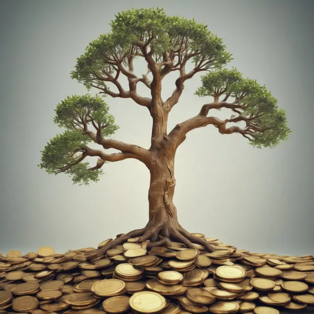 A tree with gold coins as roots symbolizing reinvested profits and a separate branch distributing dividends