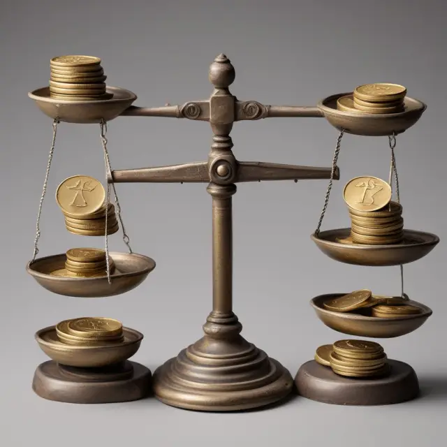 Balanced scales illustrating plowback ratio with coins symbolizing profits. Management