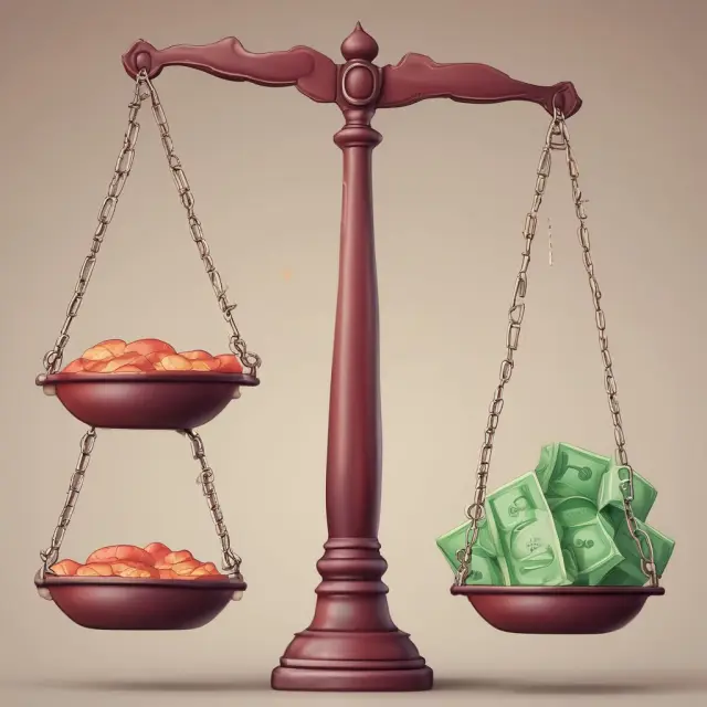 A pair of scales representing a P&L statement, with revenues (sales and gains) on one pan and costs (COGS and operating expenses) on the other. The bottom line displays the profit or loss.
