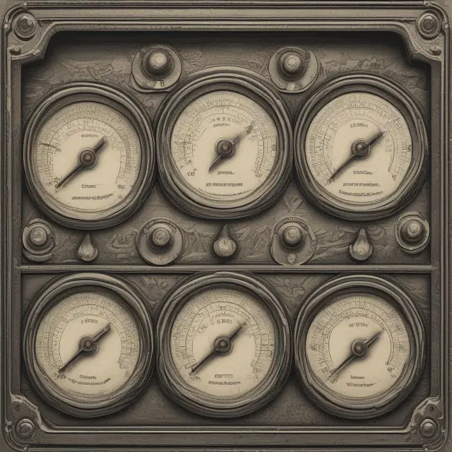 A complex financial machinery with four dials representing Gross Profit Margin, Operating Profit Margin, Net Profit Margin, and Operating Ratio