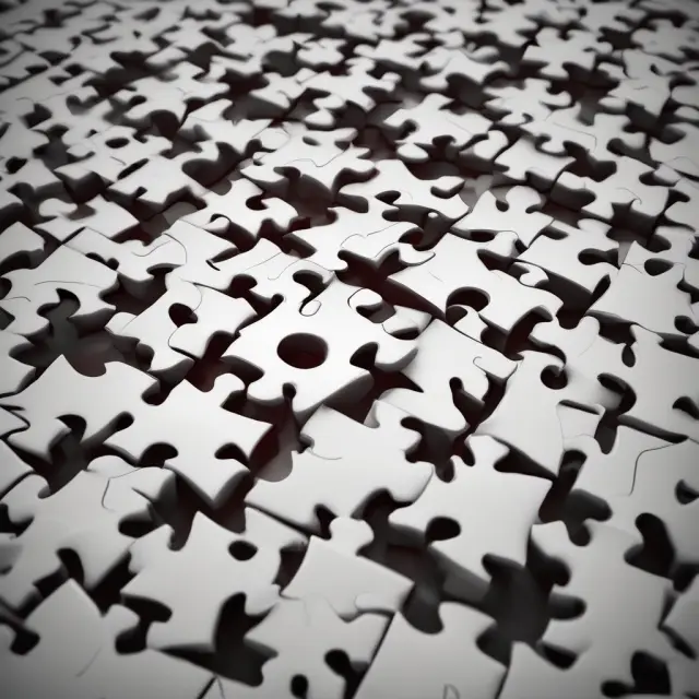 Person preparing a P&L statement, surrounded by puzzle pieces representing revenues, costs, and expenses. The finished P&L statement is displayed as a beautifully crafted, complete puzzle.