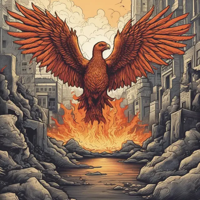 A Phoenix emerging from financial ashes represents the Plunge Protection Team, symbolizing market stability amidst controversy