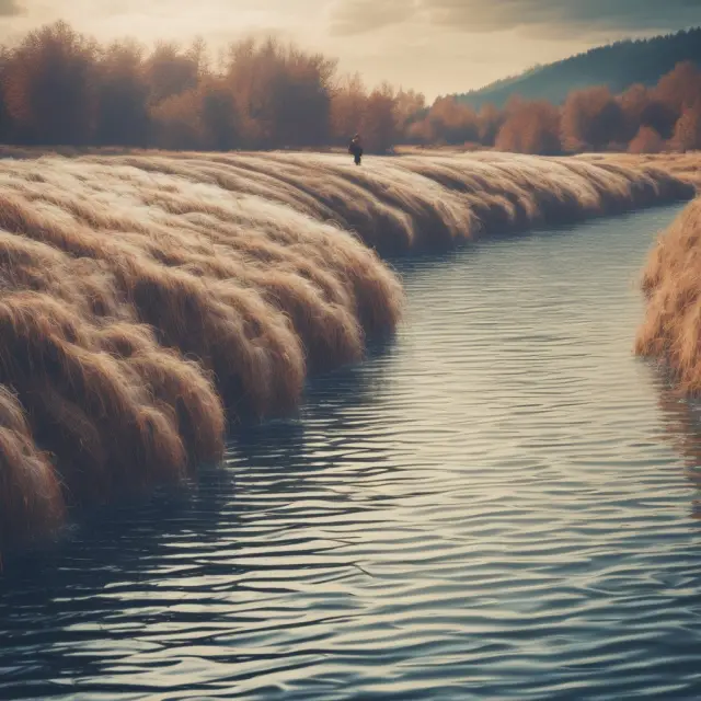 An image showcasing a river of data flowing from the PMI, influencing business decisions with ripples representing production levels, staffing, forecasts, and investor actions