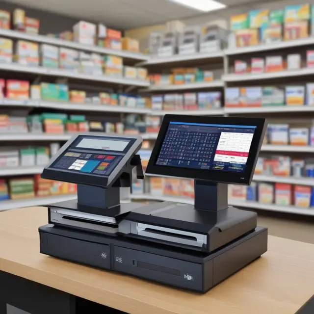 An ornate retail scale balanced on a digital POS terminal, symbolizing the benefits of operational efficiency, real-time data access, customer experience enhancement, and inventory control in retail.