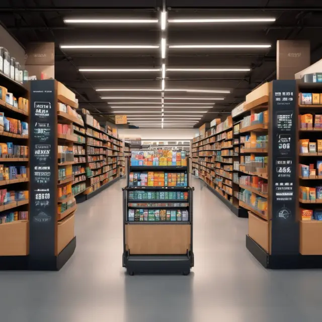 An invisible shopping cart navigating through an Amazon Go store with seamless, automated billing. Innovation in retail landscape enhancing convenience and potential profitability.