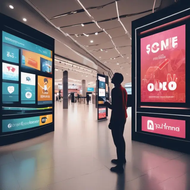 Customer examining old and new POP marketing displays, depicting technology