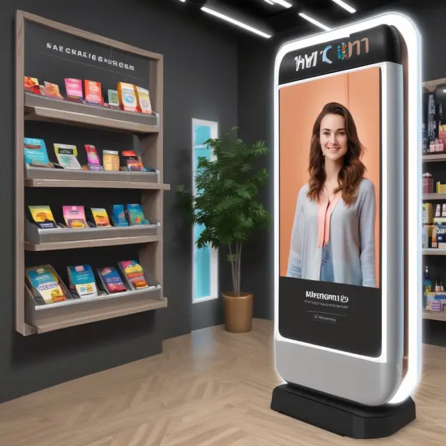 An image of a modern, interactive point-of-purchase display transforming from a traditional cash register to an augmented reality mirror with personalized product suggestions