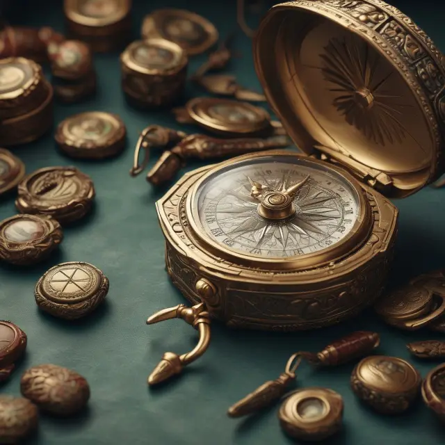 A retailer wields a golden compass, surrounded by strategies, planning tools, budgeting sheets, and execution maps to create effective POP marketing campaigns