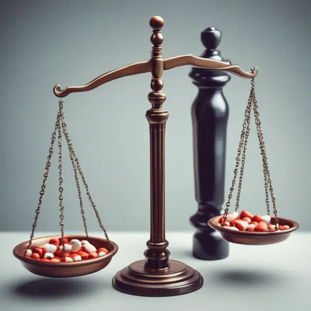 Scales balanced between court rulings and company interests, with poison pills represented by shields. Protecting shareholders on a battlefield of justice.