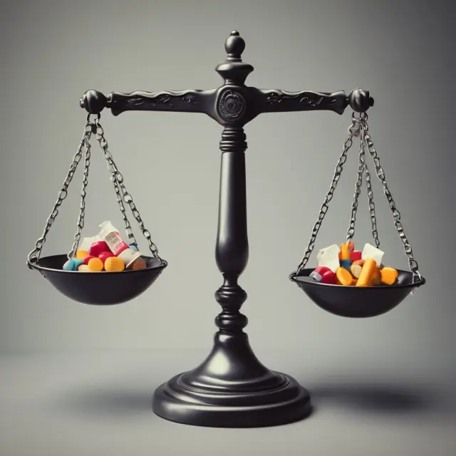 A balance scale holds two poison pill capsules, representing the advantages and disadvantages of this defensive strategy in corporate governance
