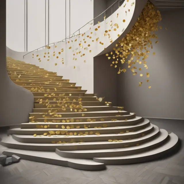 A staircase filled with golden coins, each coin independent as it falls, symbolizing the Poisson distribution