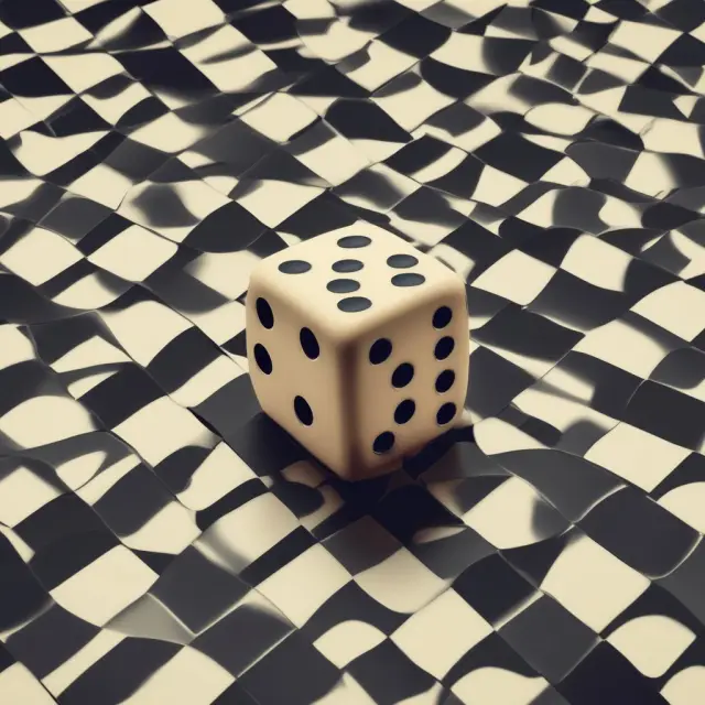 Discrete distributions visualized as two dice (count data), while continuous distributions symbolized by a flowing river (smooth values). A chessboard represents the transition between domains.