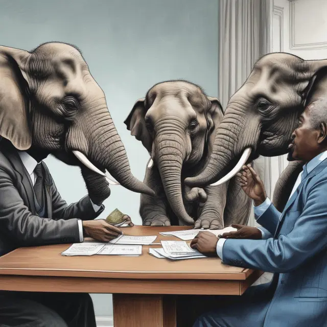Three elephants discuss politics: SSF holds corporate ID, Nonconnected represents an issue, while Super PACs showcase unlimited donor check