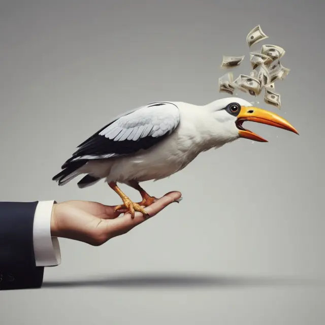 A corporate hand feeding a bird representing a PAC, illustrating the relationship between corporations and Political Action Committees