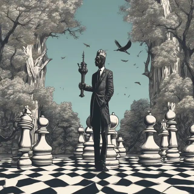 Institutional investors as giant chess pieces maneuvering through a political landscape, represented by intricate map and PAC logos.