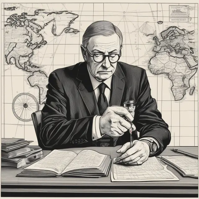 A central bank governor steers an intricate boat through a vast sea of interconnected global economies, using maps and compasses to navigate political events and policy decisions