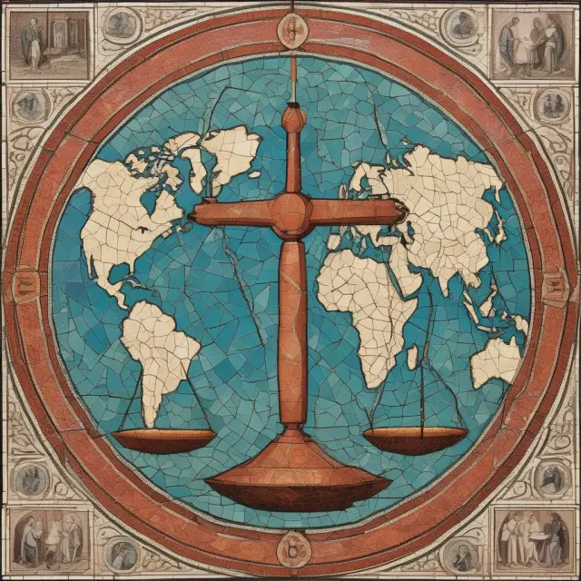 An illustration of a hammer and scales representing Utilitarianism and Marxist Theory respectively, clashing on a world map to symbolize their ongoing debate in Political Economy