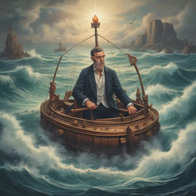 An investor on a boat in stormy waters, using a compass labeled