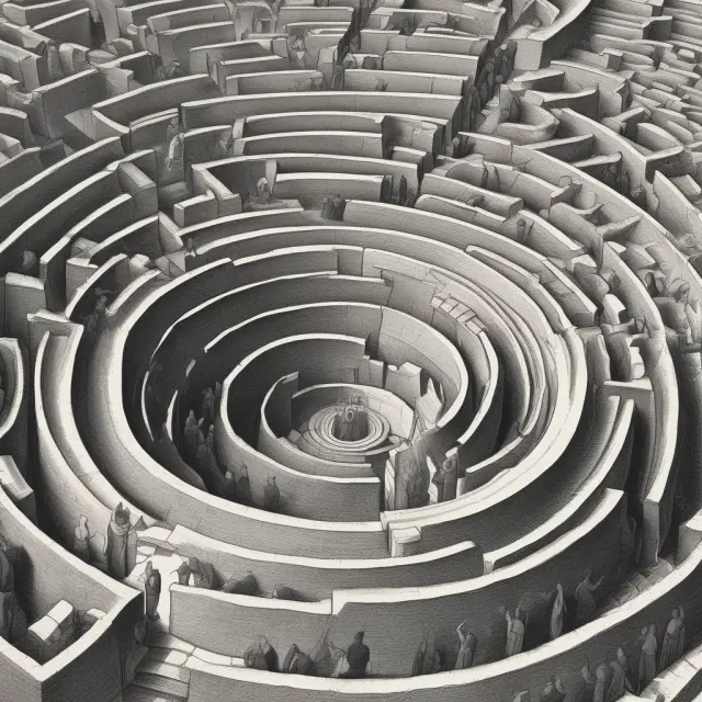 Institutional investors explore the labyrinthine world of political economy, guided by oracle figures signifying economic knowledge and guidance