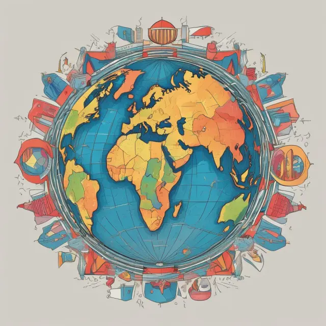 A visualization of political risks in the form of a colorful kaleidoscope representing diverse governments, policies, and legislation impacting businesses worldwide.
