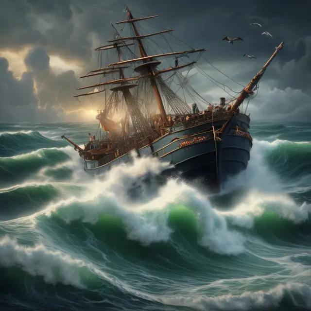 A turbulent sea representing political risks, with taxes, trade tariffs, regulations, currency valuation, spending, and labor laws depicted as waves crashing upon various industries and economies