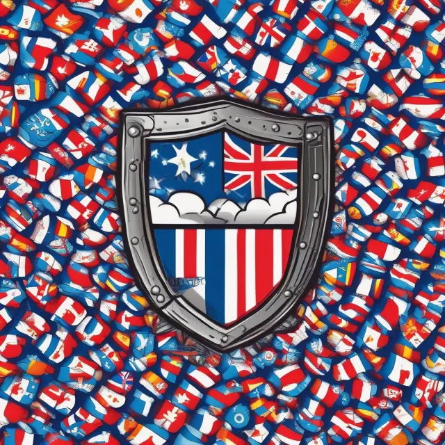 An image depicting a shield decorated with various flags, standing tall in defense against a stormy sea, symbolizing the protection offered by political risk insurance against global instability