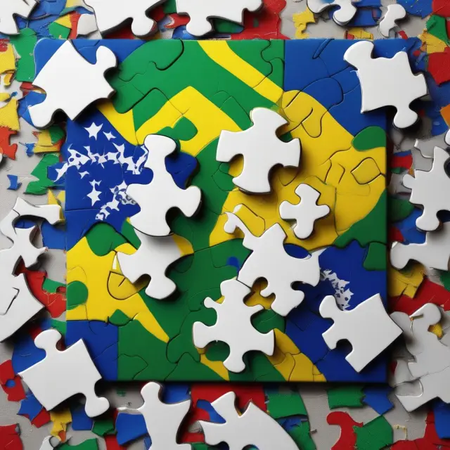 An intricate jigsaw puzzle showcases Brazilian flags intermixed with Wal-Mart logos, symbolizing the country