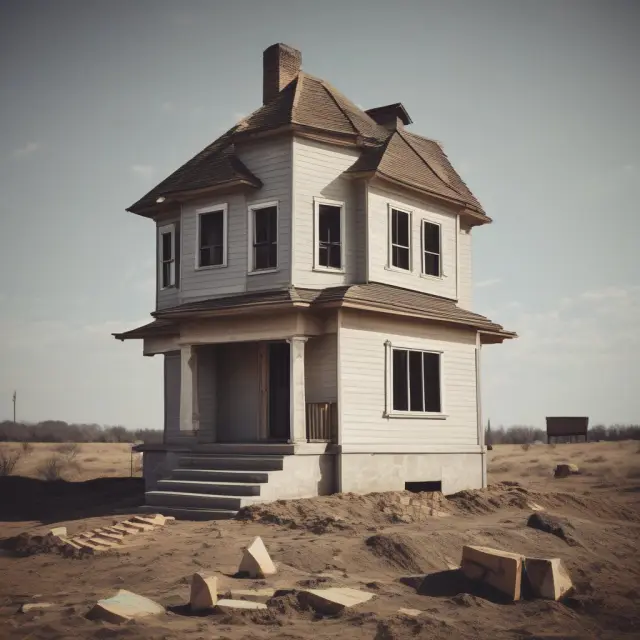 A precarious house constructed from interconnected people, representing a Ponzi scheme and its reliance on new participants