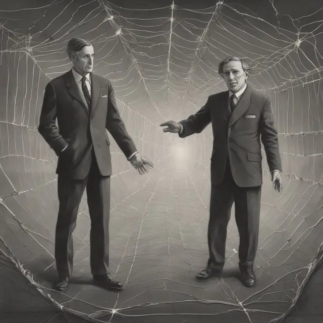 An apparitional depiction of Charles Ponzi and Bernie Madoff emerging from a tangled web symbolizing their Ponzi schemes. Historical context illustrated.