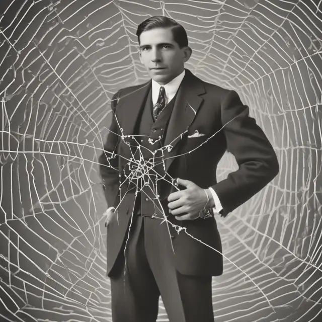 Charles Ponzi crafting intricate connections between unsuspecting investors and illusive profits. Warning sign for fraudulent schemes.