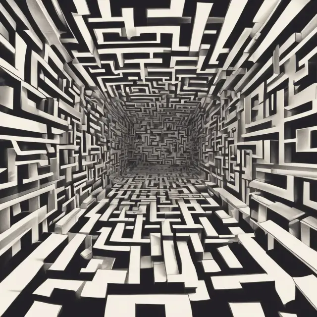 Labyrinth filled with mirrors and shady figures illustrating the complexity and deceitfulness of Ponzi schemes.