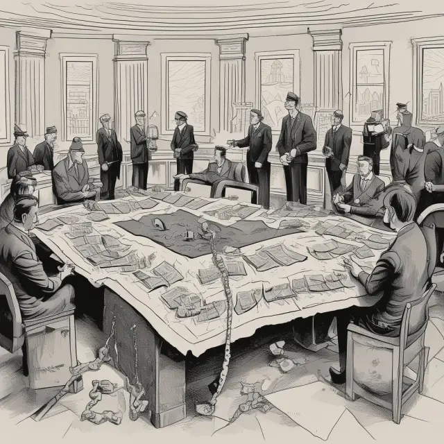 A group of regulatory agents and law enforcement officers disassembling a chain link representation of a Ponzi scheme, restoring trust and order in the financial system.