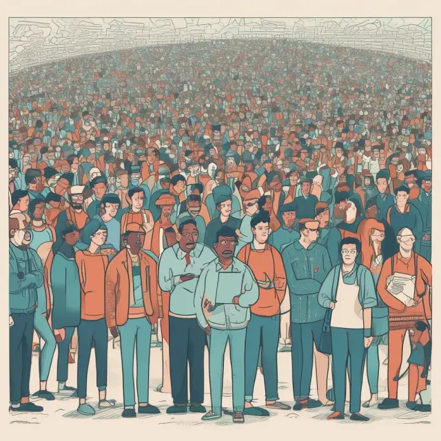 A census taker taking measurements from a diverse group of people, symbolizing the collection of data for population parameters and samples.