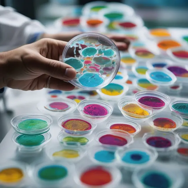 A scientist in a lab coat, carefully observing and analyzing diverse market data as Petri dishes, using pipettes for sample extraction to reveal patterns within larger populations.