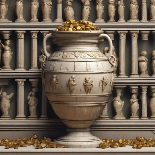 A Roman senator pours gold coins from an amphora into a bloated budget, illustrating pork barrel politics.
