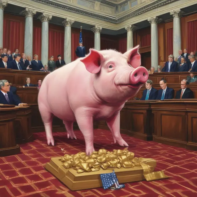 A pig symbolizing pork barrel projects stands before a congressional chamber, releasing golden earmarks representing federal funds
