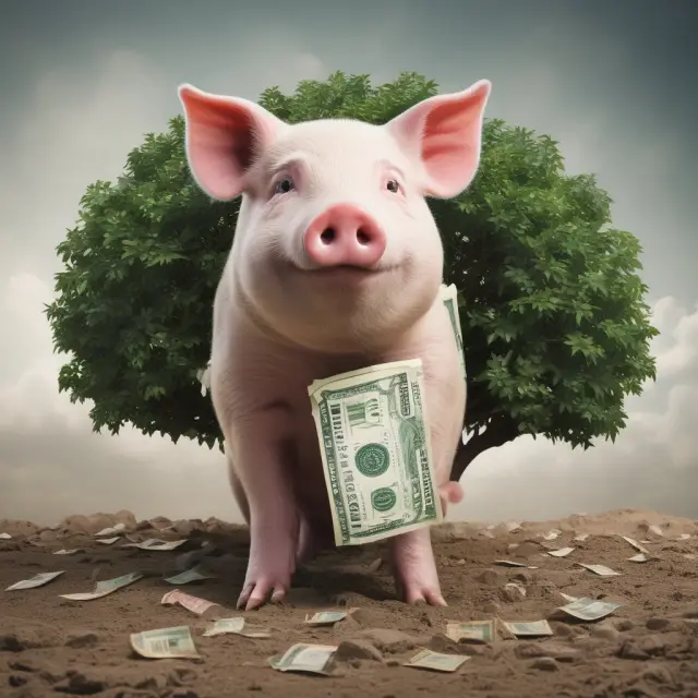 An anthropomorphic pig sits atop a political arena stage amidst a sprawling, golden money tree, highlighting the prevalence and controversies surrounding pork barrel politics
